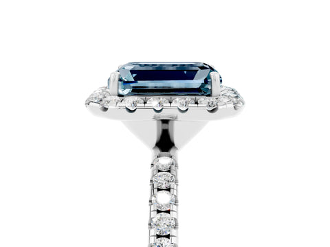 White gold Emerald Cut Halo Round Diamond Pavé Band Four-Prong Ring_5