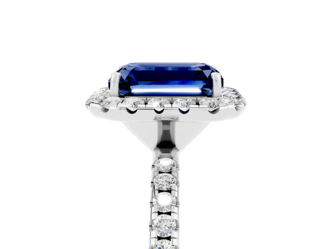 White gold Emerald Cut Halo Round Diamond Pavé Band Four-Prong Ring_5