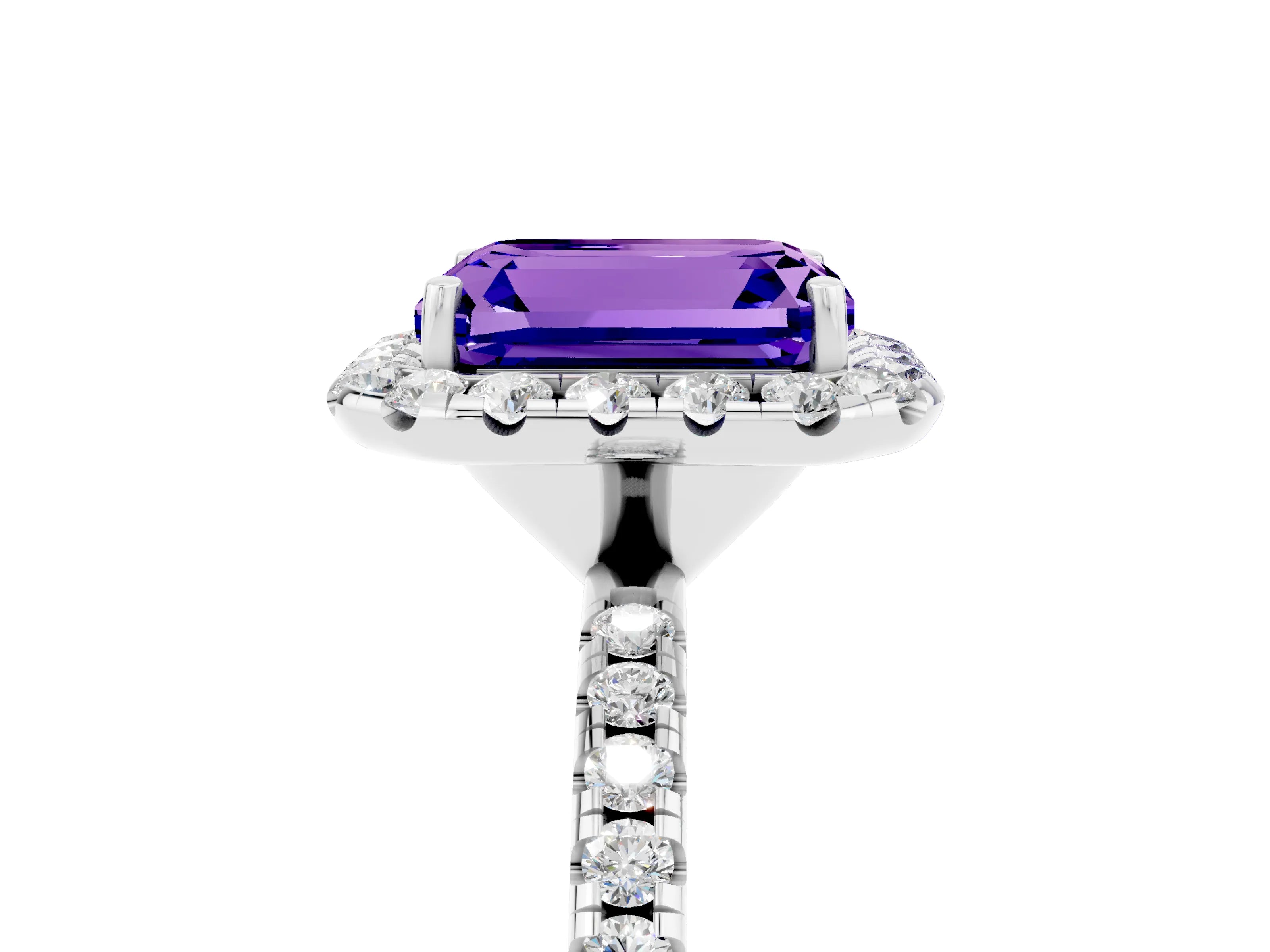 White gold Emerald Cut Halo Round Diamond Pavé Band Four-Prong Ring_5