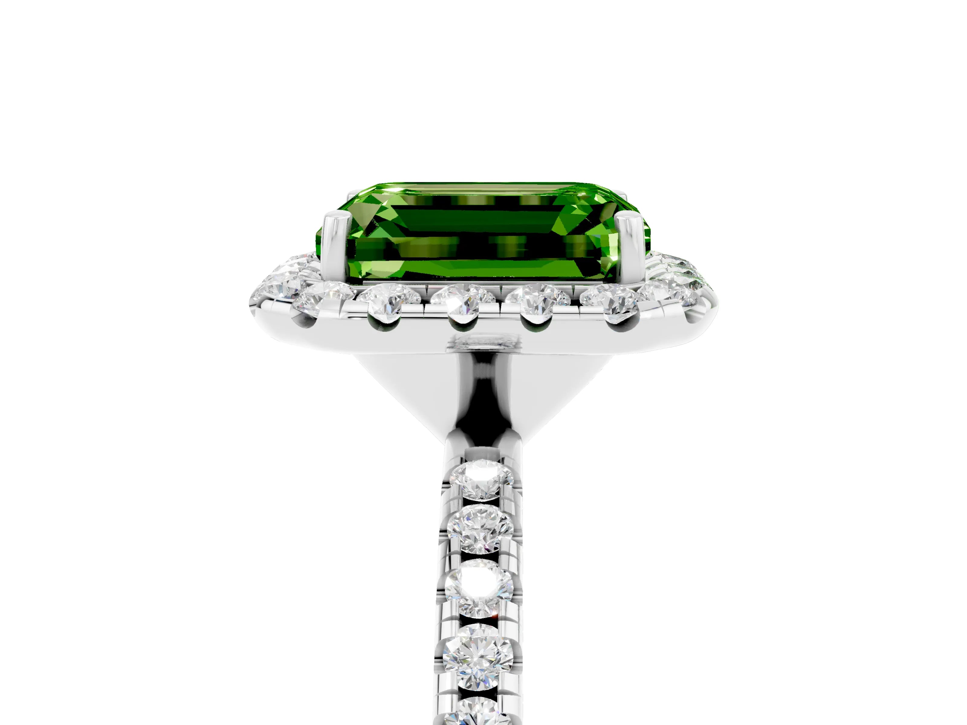 White gold Emerald Cut Halo Round Diamond Pavé Band Four-Prong Ring_5