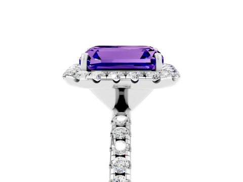 White gold Emerald Cut Halo Round Diamond Pavé Band Four-Prong Ring_5