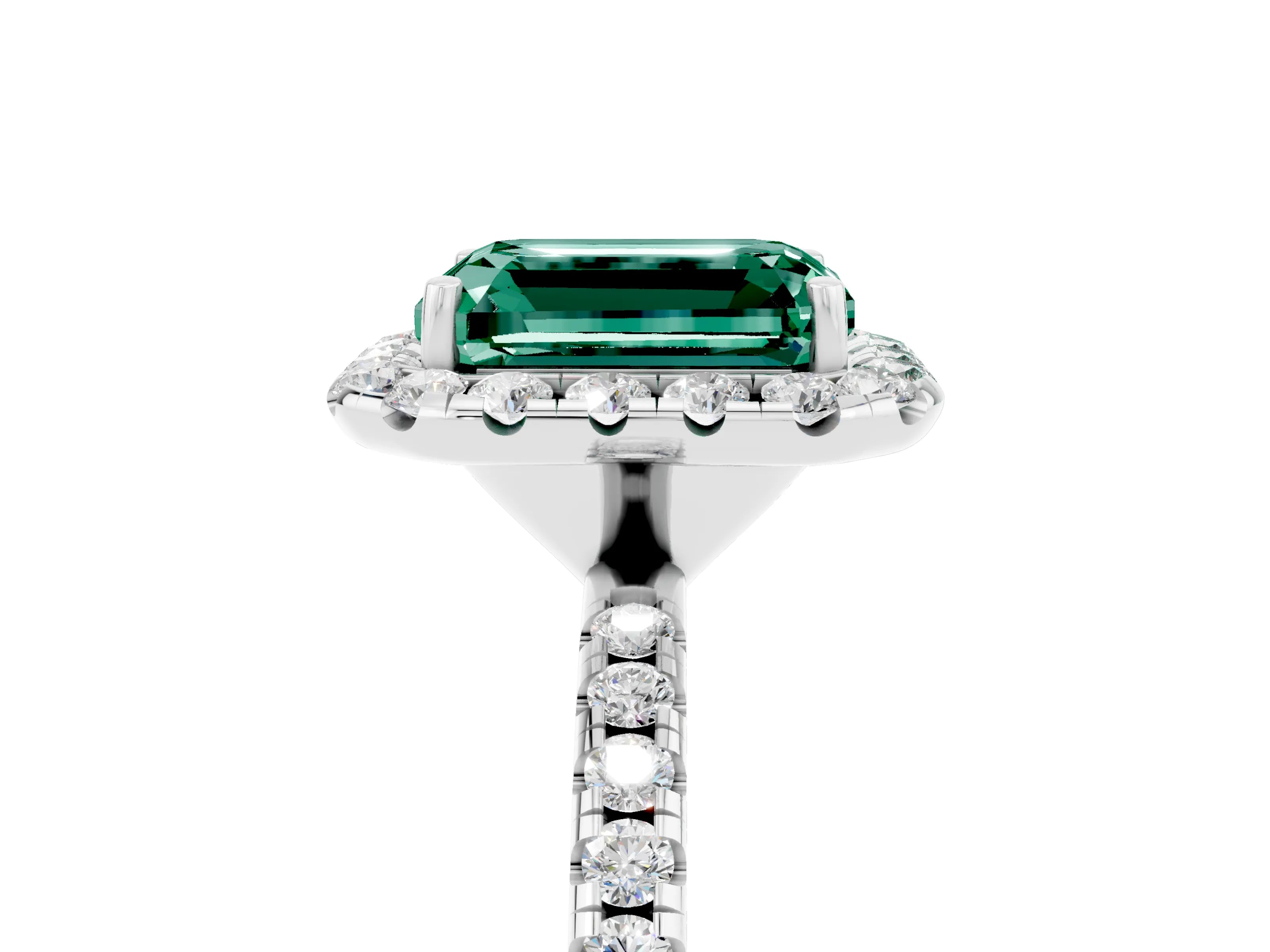 White gold Emerald Cut Halo Round Diamond Pavé Band Four-Prong Ring_5