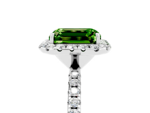 White gold Emerald Cut Halo Round Diamond Pavé Band Four-Prong Ring_5