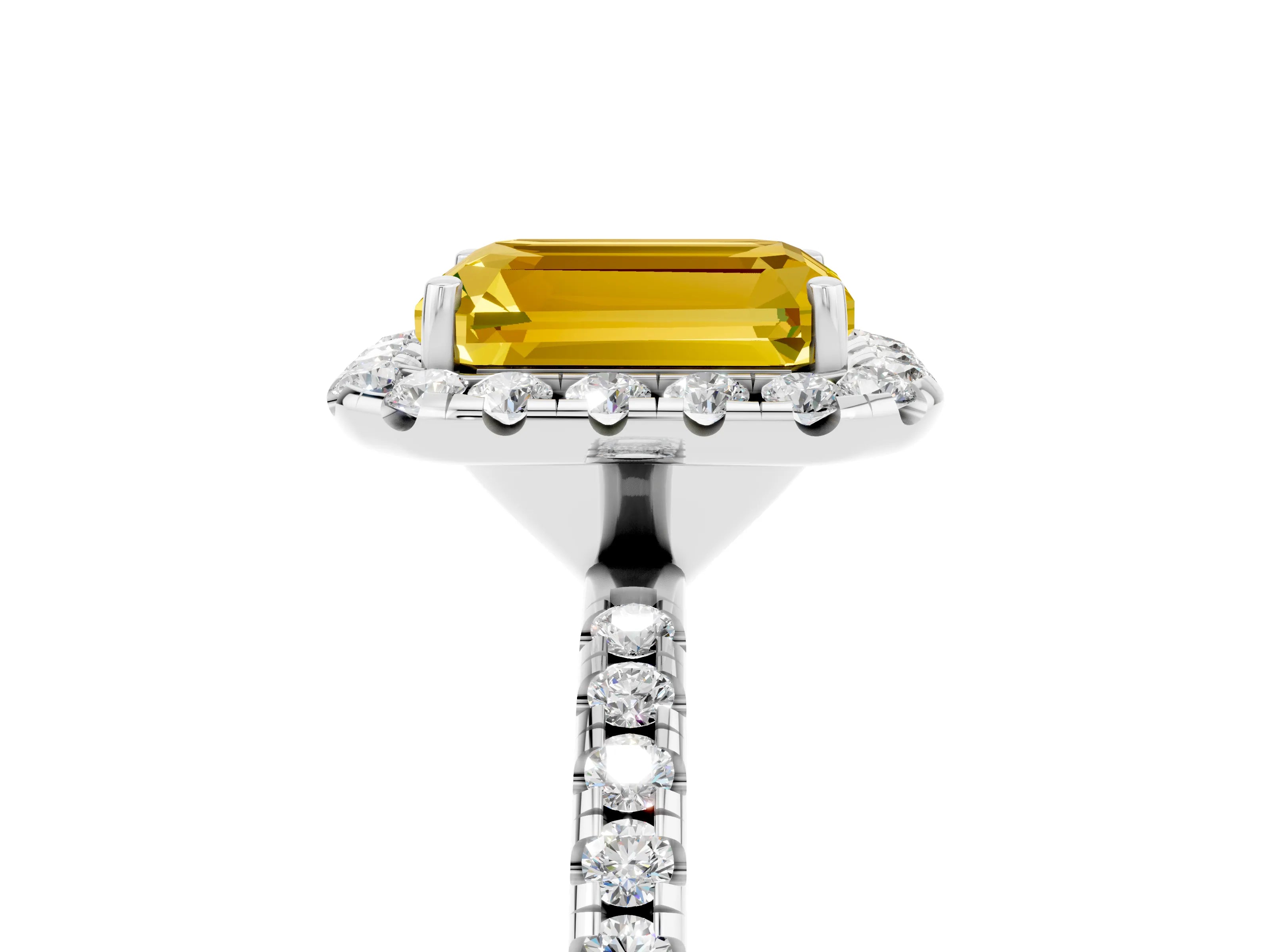 White gold Emerald Cut Halo Round Diamond Pavé Band Four-Prong Ring_5