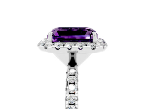 White gold Emerald Cut Halo Round Diamond Pavé Band Four-Prong Ring_5
