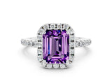White gold Emerald Cut Halo Round Diamond Pavé Band Four-Prong Ring