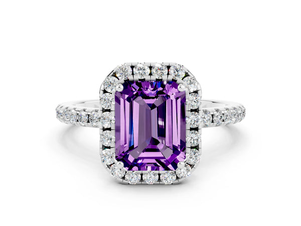 Platinum Emerald Cut Amethyst Halo Ring with Round Pavé Band and Prong Setting