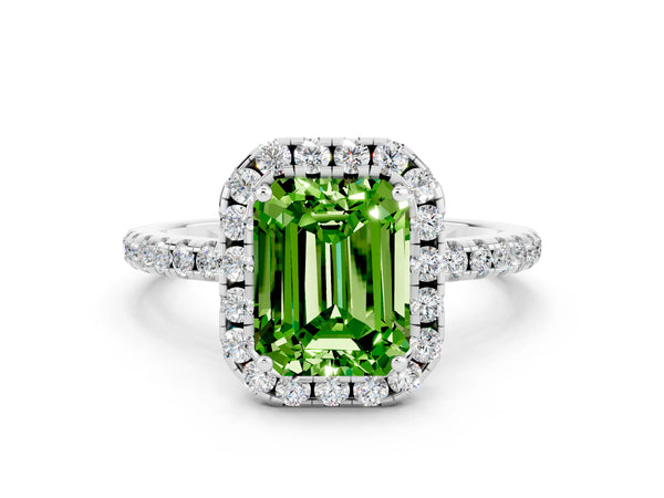 White gold Emerald Cut Halo Round Diamond Pavé Band Four-Prong Ring