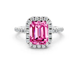 White gold Emerald Cut Halo Round Diamond Pavé Band Four-Prong Ring