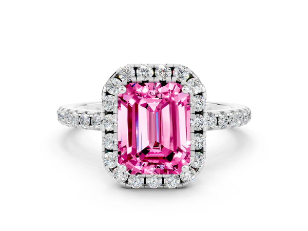White gold Emerald Cut Pink Sapphire Halo Ring with Round Pavé Band and Prong Setting