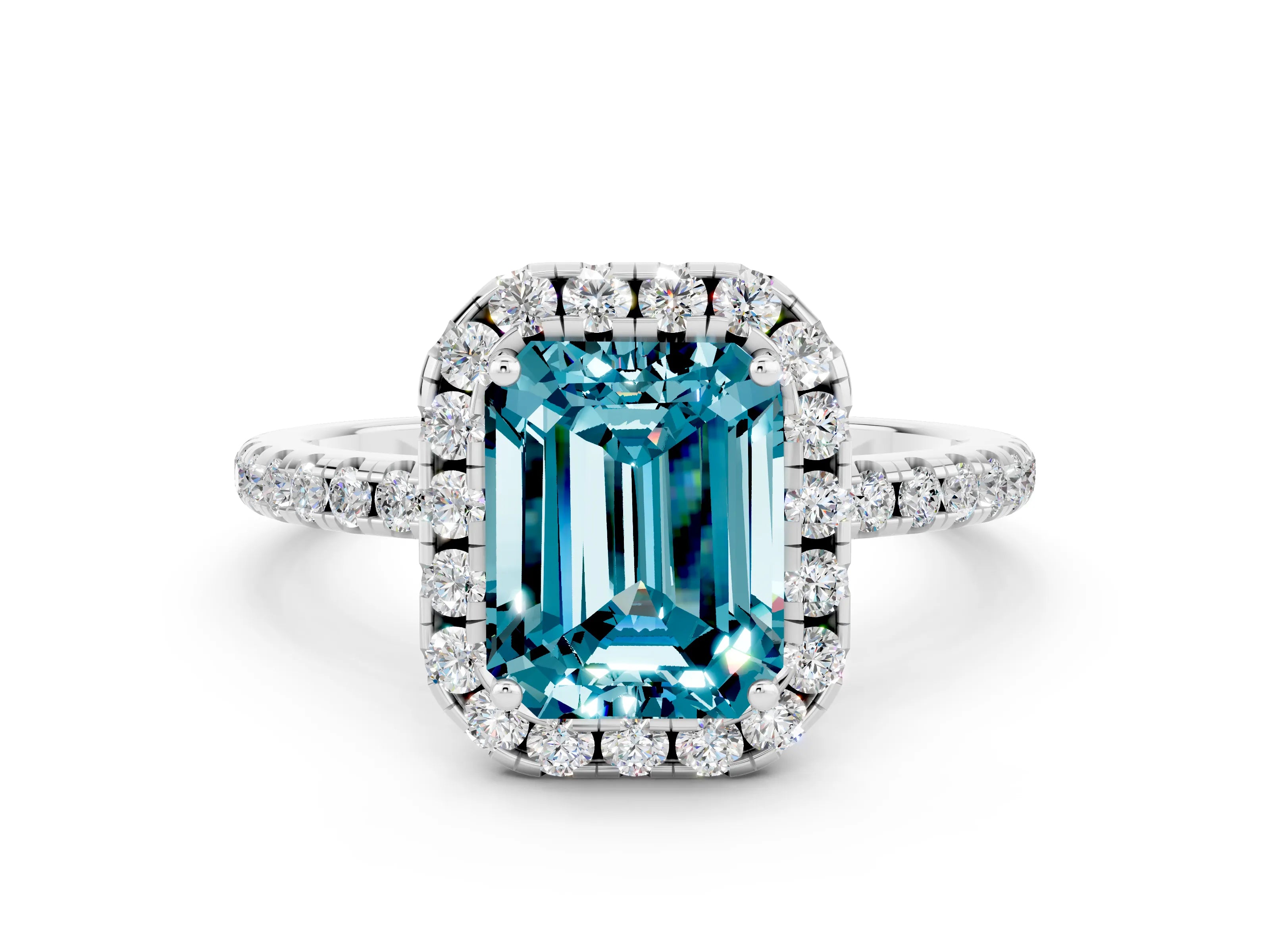 White gold Emerald Cut Halo Round Diamond Pavé Band Four-Prong Ring