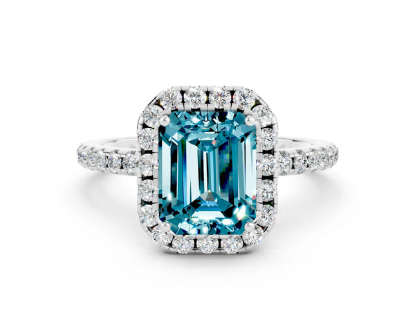 Silver Emerald Cut Halo Round Diamond Pavé Band Four-Prong Ring