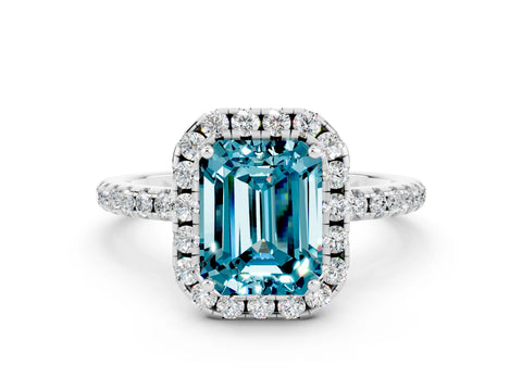 White gold Emerald Cut Halo Round Diamond Pavé Band Four-Prong Ring