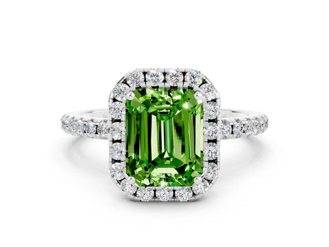 White gold Emerald Cut Halo Round Diamond Pavé Band Four-Prong Ring