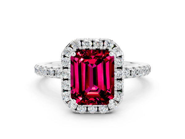 Platinum Emerald Cut Garnet Halo Ring with Round Pavé Band and Prong Setting