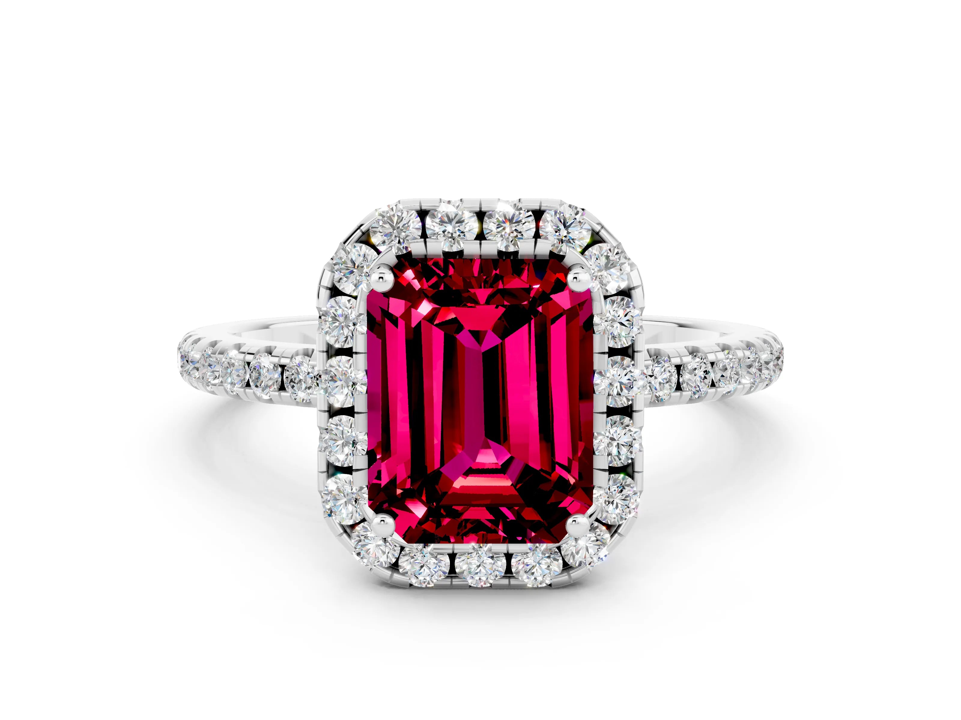 White gold Emerald Cut Halo Round Diamond Pavé Band Four-Prong Ring
