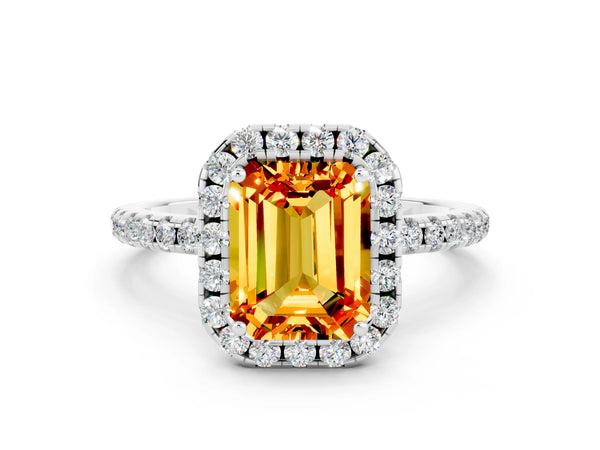 Silver Emerald Cut Citrine Halo Ring with Round Pavé Band and Prong Setting