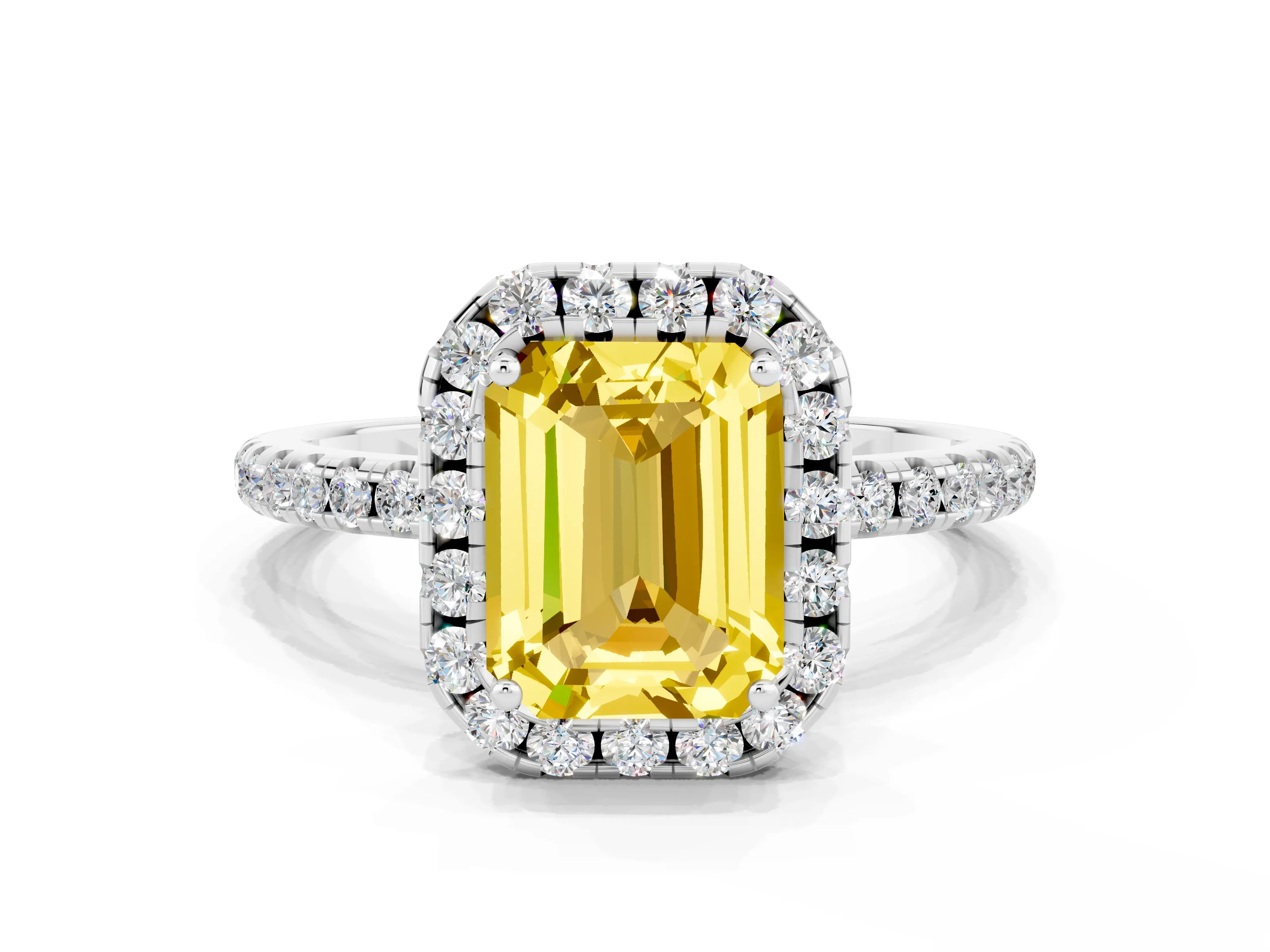 White gold Emerald Cut Halo Round Diamond Pavé Band Four-Prong Ring