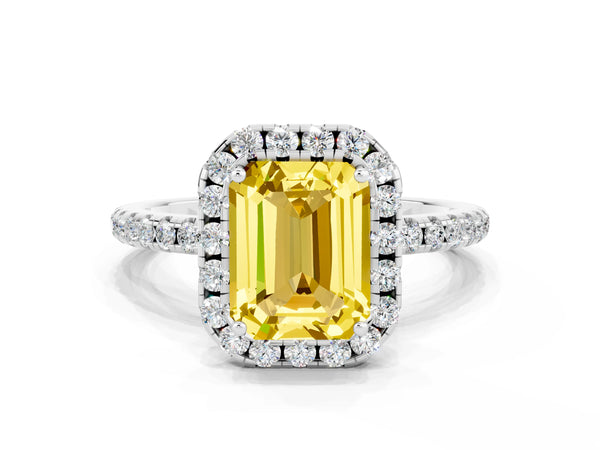 Silver Emerald Cut Yellow Sapphire Halo Ring with Round Pavé Band and Prong Setting