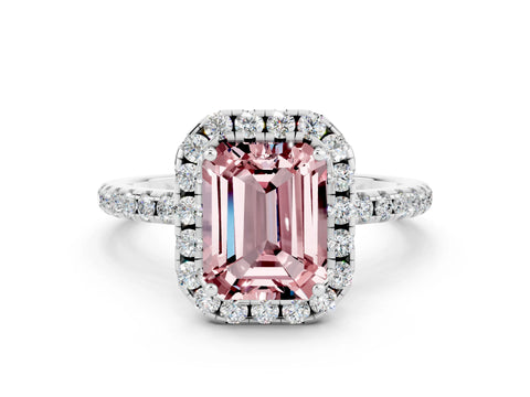 White gold Emerald Cut Halo Round Diamond Pavé Band Four-Prong Ring