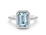 White gold Emerald Cut Halo Round Diamond Pavé Band with Four-Prong Setting