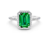 White gold Emerald Cut Halo Round Diamond Pavé Band with Four-Prong Setting