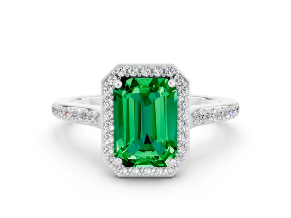 Silver Emerald Cut Emerald Halo Engagement Ring with Round Pavé Shoulders and Prong Setting