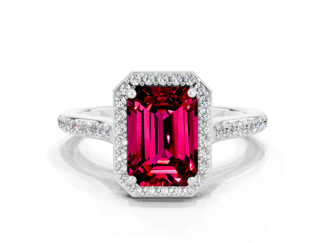White gold Emerald Cut Halo Round Diamond Pavé Band with Four-Prong Setting