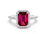 White gold Emerald Cut Halo Round Diamond Pavé Band with Four-Prong Setting