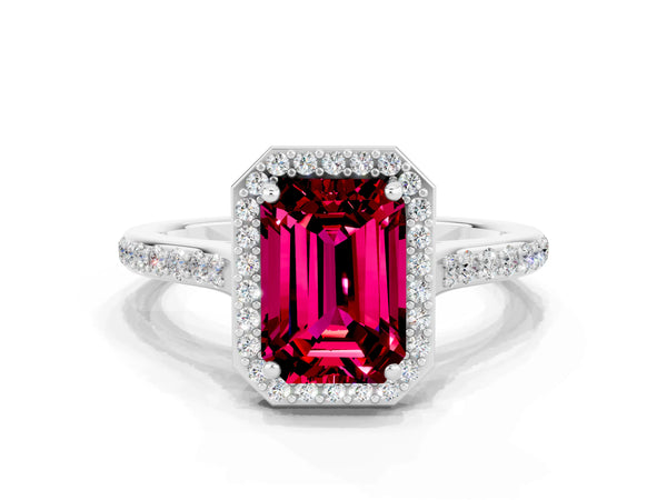 Silver Emerald Cut Garnet Halo Engagement Ring with Round Pavé Shoulders and Prong Setting
