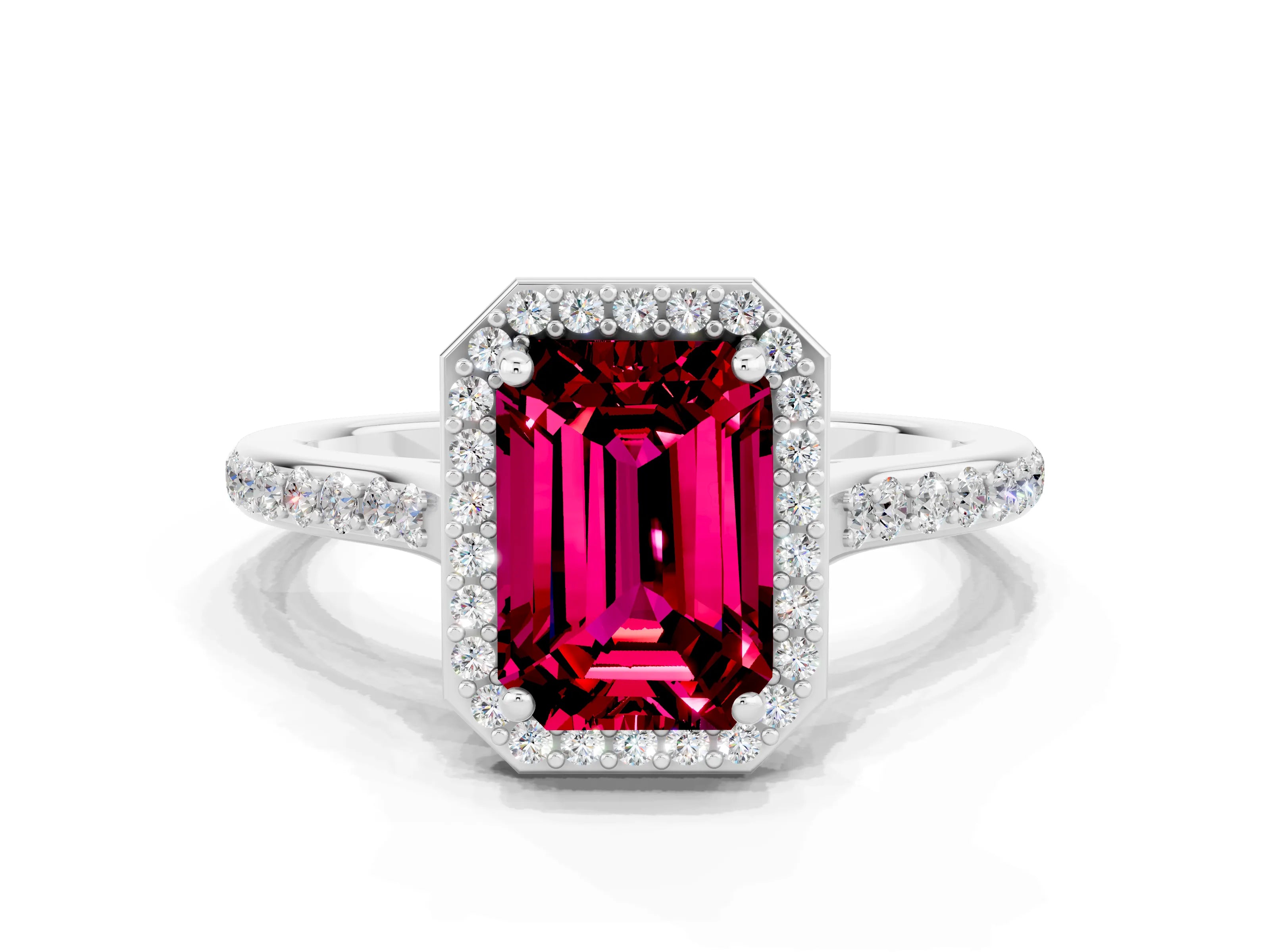 White gold Emerald Cut Halo Round Diamond Pavé Band with Four-Prong Setting