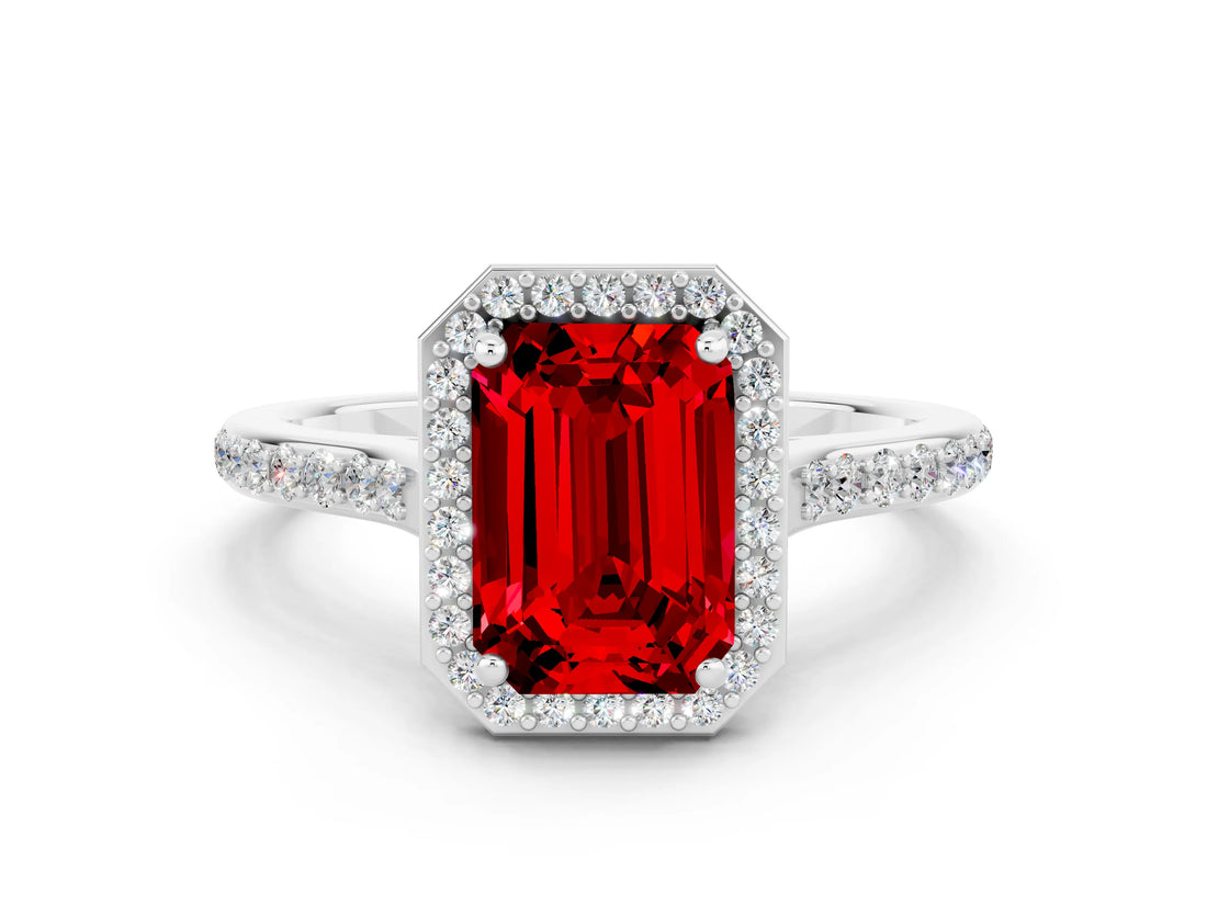 White gold Emerald Cut Halo Round Diamond Pavé Band with Four-Prong Setting