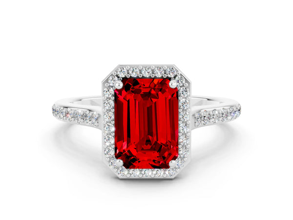 Silver Emerald Cut Halo Round Diamond Pavé Band with Four-Prong Setting