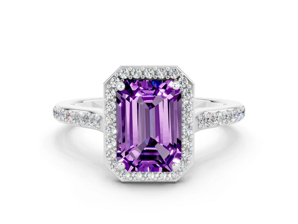 Platinum Emerald Cut Amethyst Halo Engagement Ring with Round Pavé Shoulders and Prong Setting