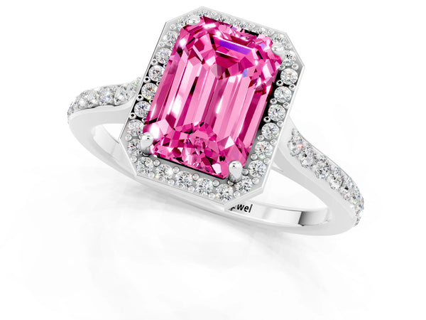 Silver Emerald Cut Pink Sapphire Halo Engagement Ring with Round Pavé Shoulders and Prong Setting