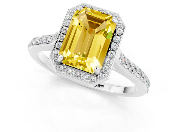 White gold Emerald Cut Yellow Sapphire Halo Engagement Ring with Round Pavé Shoulders and Prong Setting