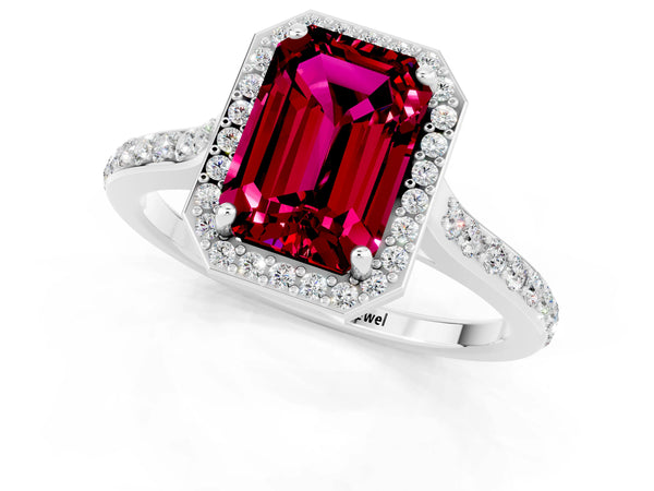 White gold Emerald Cut Garnet Halo Engagement Ring with Round Pavé Shoulders and Prong Setting