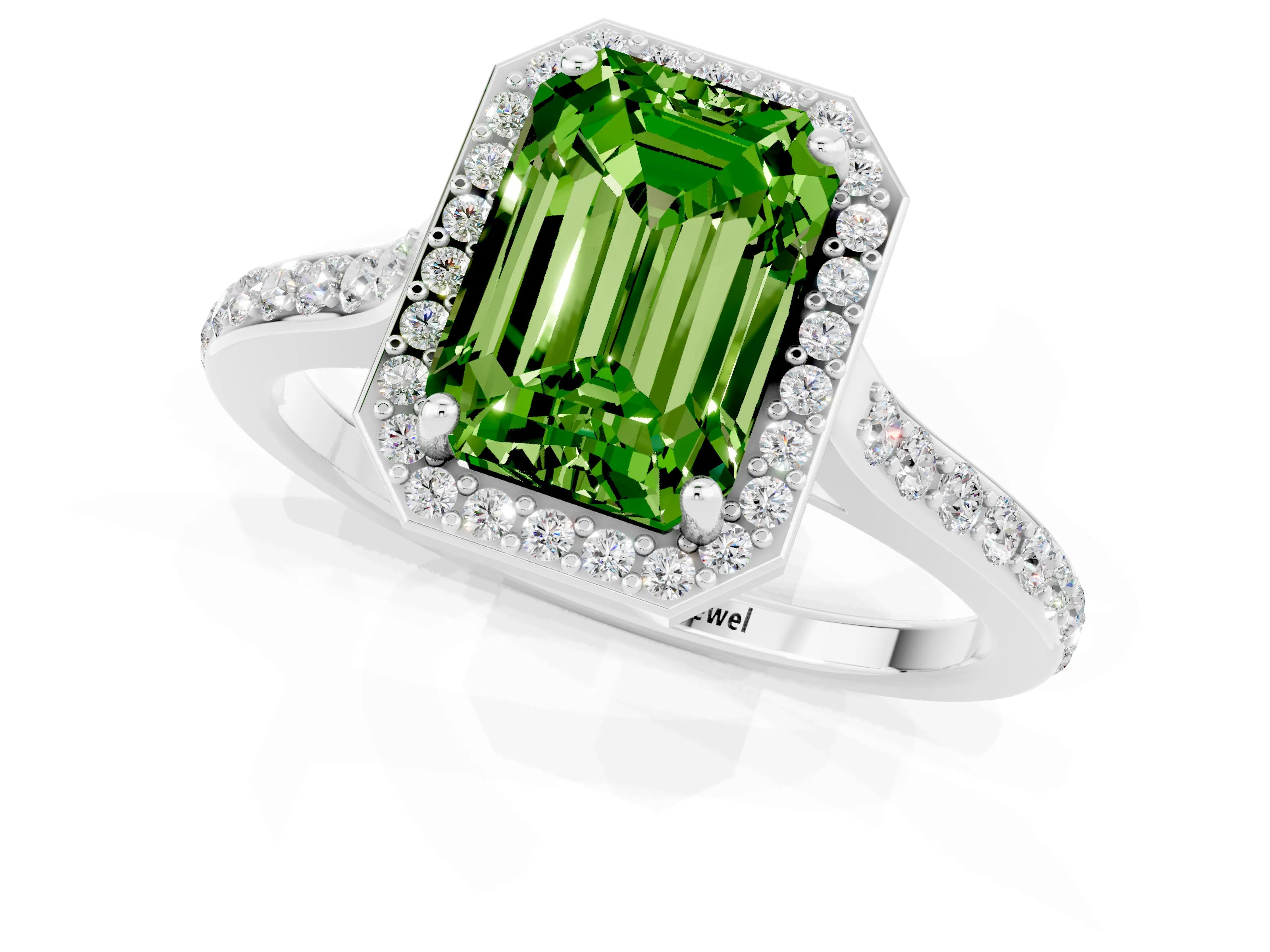 White gold Emerald Cut Halo Round Diamond Pavé Band with Four-Prong Setting_1