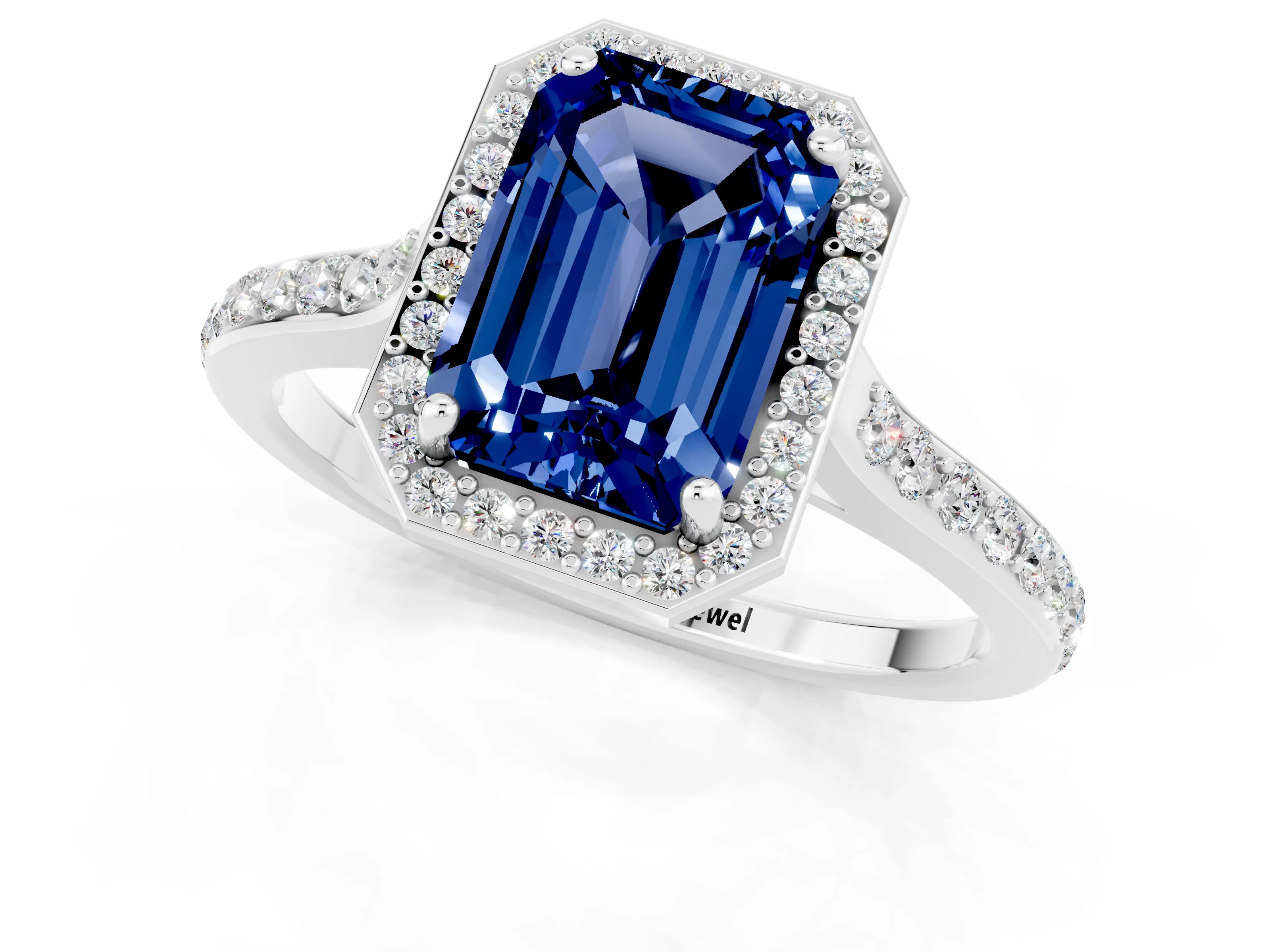 White gold Emerald Cut Halo Round Diamond Pavé Band with Four-Prong Setting_1