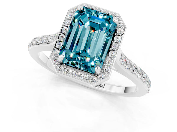 Silver Emerald Cut Halo Round Diamond Pavé Band with Four-Prong Setting