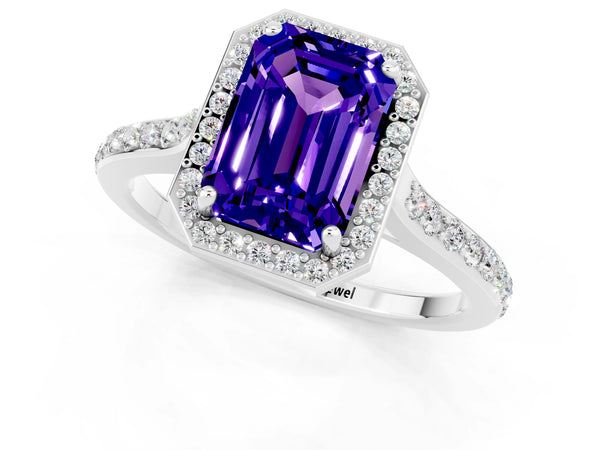 Silver Emerald Cut Tanzanite Halo Engagement Ring with Round Pavé Shoulders and Prong Setting