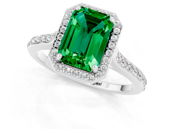 Silver Emerald Cut Emerald Halo Engagement Ring with Round Pavé Shoulders and Prong Setting