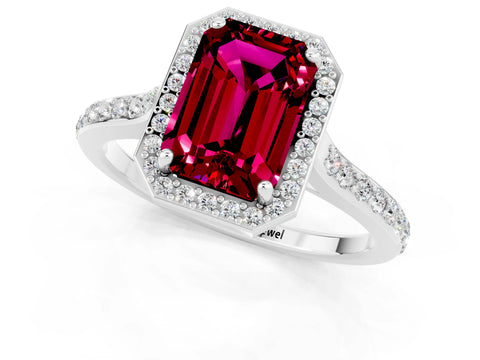 White gold Emerald Cut Halo Round Diamond Pavé Band with Four-Prong Setting_1