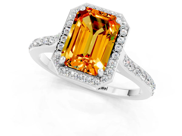 White gold Emerald Cut Citrine Halo Engagement Ring with Round Pavé Shoulders and Prong Setting