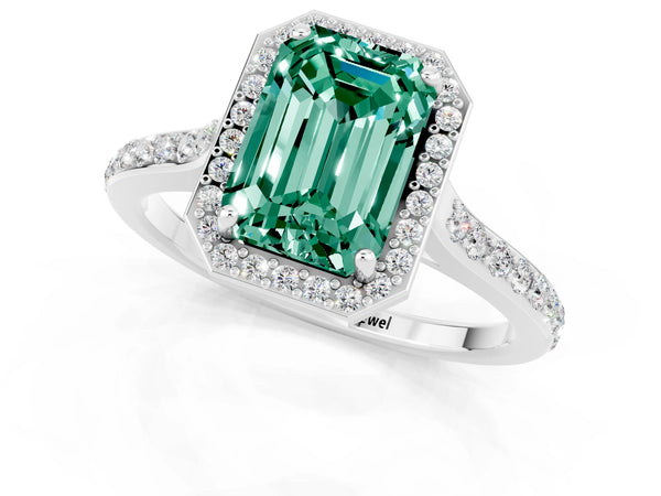 Silver Emerald Cut Green Sapphire Halo Engagement Ring with Round Pavé Shoulders and Prong Setting