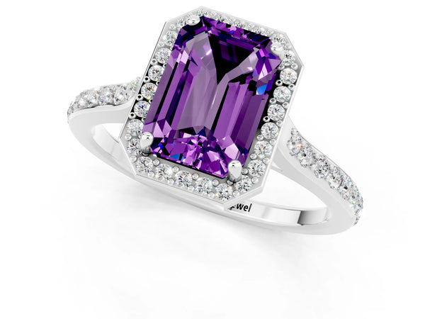 Platinum Emerald Cut Amethyst Halo Engagement Ring with Round Pavé Shoulders and Prong Setting