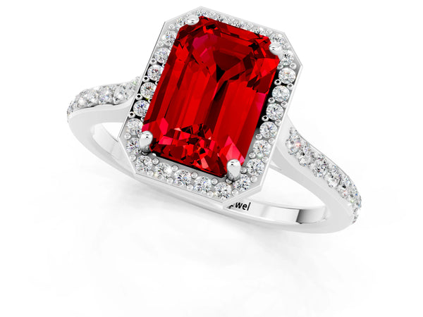 Platinum Emerald Cut Halo Round Diamond Pavé Band with Four-Prong Setting