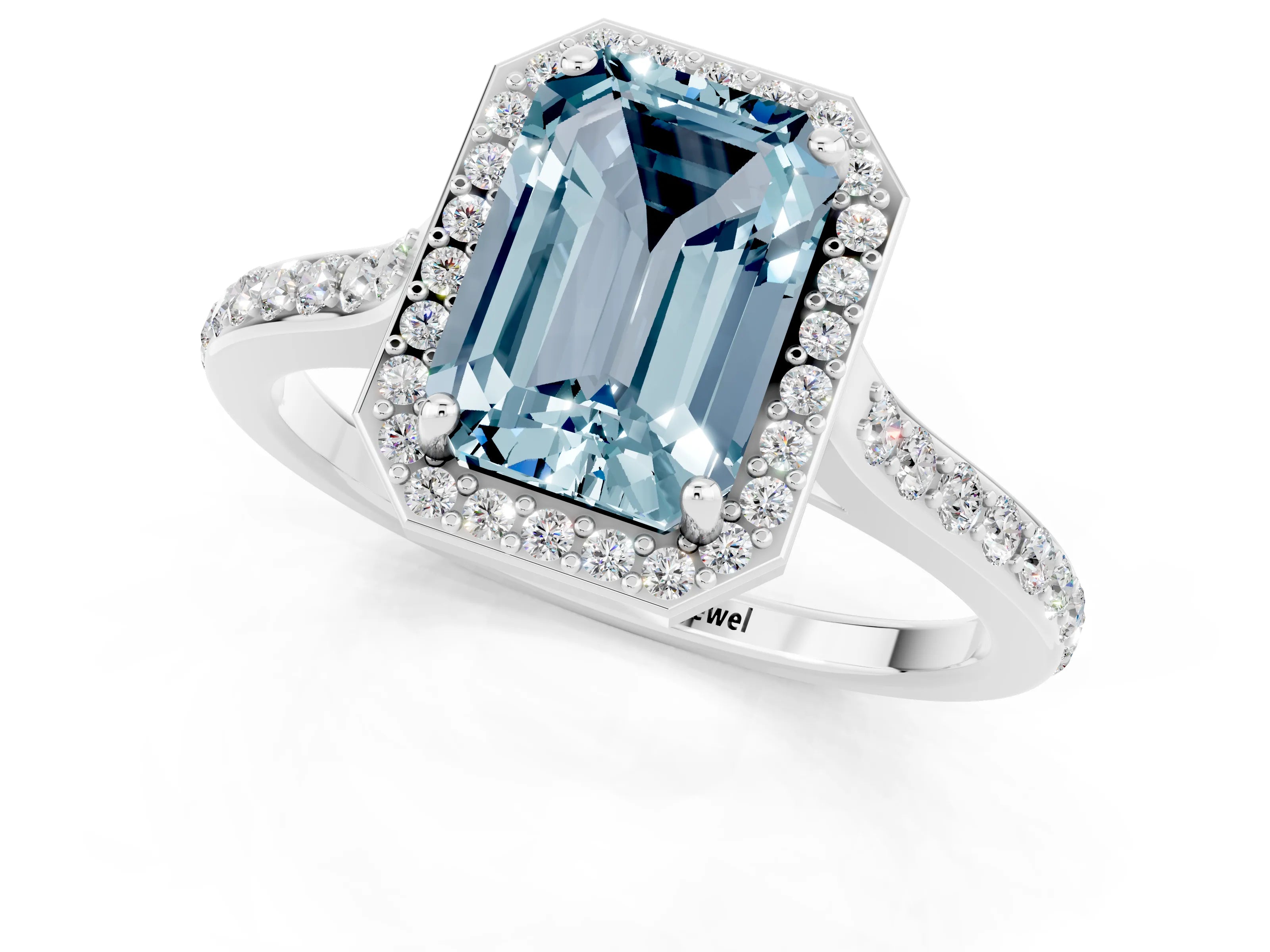 White gold Emerald Cut Halo Round Diamond Pavé Band with Four-Prong Setting_1