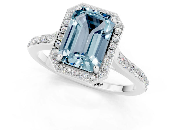 Silver Emerald Cut Aquamarine Halo Engagement Ring with Round Pavé Shoulders and Prong Setting