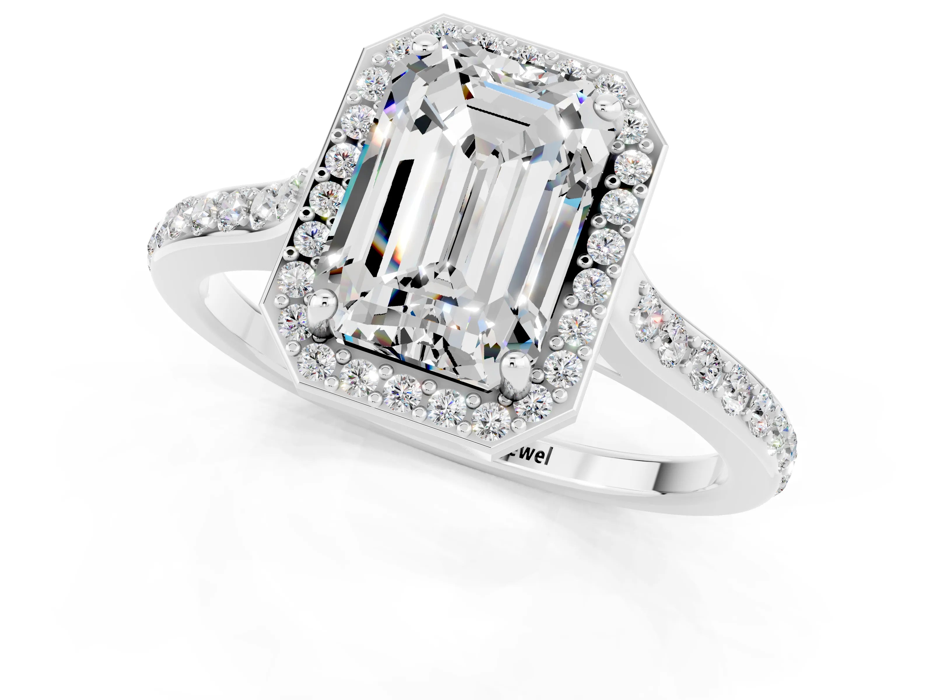 White gold Emerald Cut Halo Round Diamond Pavé Band with Four-Prong Setting_1